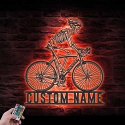 skeleton riding road bike racing custom metal wall art led light 2