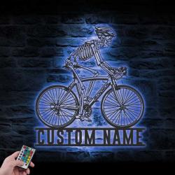 skeleton riding road bike racing custom metal wall art led light 3