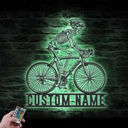 skeleton riding road bike racing custom metal wall art led light 4