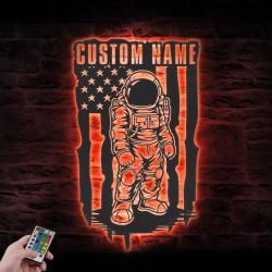 space astronaut us flag custom metal wall art led light cosmonaut name sign 2