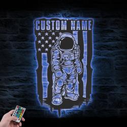 space astronaut us flag custom metal wall art led light cosmonaut name sign 3