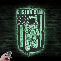 space astronaut us flag custom metal wall art led light cosmonaut name sign 4