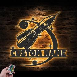 spaceship custom metal wall art led light rocket name sign 2