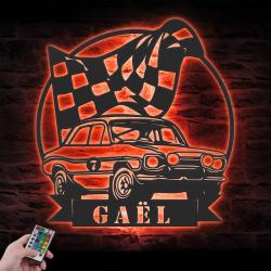 sport car garage custom metal wall art led light super car racing flag name sign 5