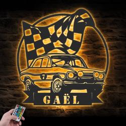 sport car garage custom metal wall art led light super car racing flag name sign 6