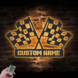 start finish racing flag custom metal wall art led light race checker flag name sign 2