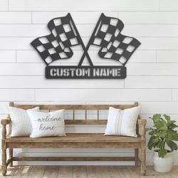 start finish racing flag custom metal wall art led light race checker flag name sign 3
