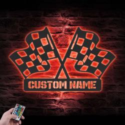 start finish racing flag custom metal wall art led light race checker flag name sign 5