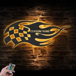start finish racing flag custom metal wall art led light race checkered flag name sign 2