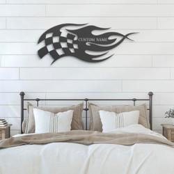 start finish racing flag custom metal wall art led light race checkered flag name sign 4
