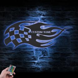 start finish racing flag custom metal wall art led light race checkered flag name sign 6