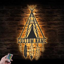 Tent Native American Indian Teepee Custom Metal Wall Art LED Light