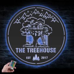 treehouse cabin life mountain forest camping custom metal wall art led light 3