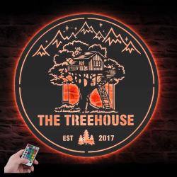 treehouse cabin life mountain forest camping custom metal wall art led light 5