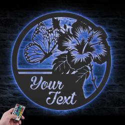 Tropical Hibiscus Custom Metal Wall Art LED Light Hawaii Flower Name Sign