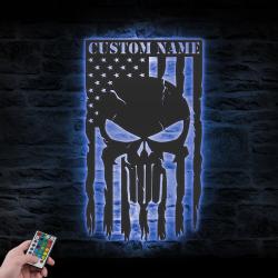us punisher skull american custom metal wall art led light 2