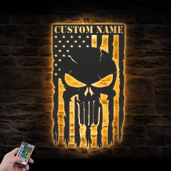us punisher skull american custom metal wall art led light 5