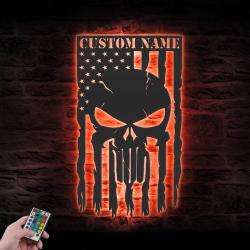 us punisher skull american custom metal wall art led light 6