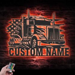 us semi truck driver custom metal wall art led light 3