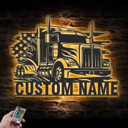 us semi truck driver custom metal wall art led light 6