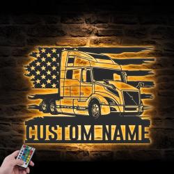 us semi truck driver custom metal wall art led light trucker name sign 4