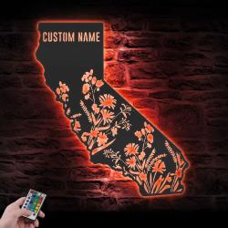 wild flower california state map custom metal wall art led light 2
