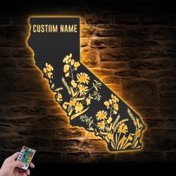 wild flower california state map custom metal wall art led light 5