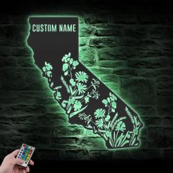 wild flower california state map custom metal wall art led light 6
