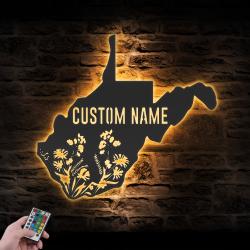 wild flower west virginia state custom metal wall art led light 6
