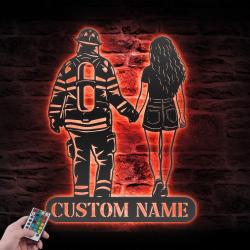 woman and firefighter custom metal wall art led light 3
