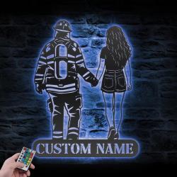 woman and firefighter custom metal wall art led light 4