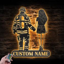 woman and firefighter custom metal wall art led light 5