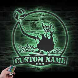 woman water polo player custom metal wall art led light 2