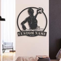 woman water polo player custom metal wall art led light water polo lover name sign 2