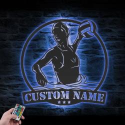 woman water polo player custom metal wall art led light water polo lover name sign 3