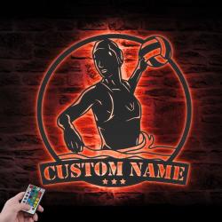 woman water polo player custom metal wall art led light water polo lover name sign 5