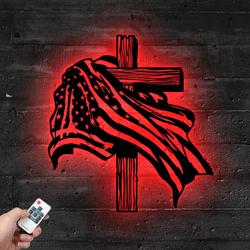 American Flag Cross Metal Sign with LED Light Christian Home Decor