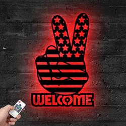 American Flag Veterans Independence Day V Hand Metal Sign with LED Light Celebrate Holiday Decor