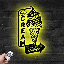 Arrow Ice Cream Get The Scoop Here Metal Sign with LED Light Food Shop Wall Art Decor