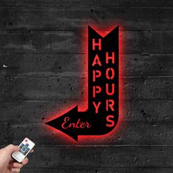 Arrows Pointing To The Bar Metal Sign with LED Light Happy Hours Wall Decor