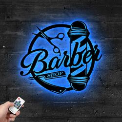 Barber Shop Wall Art Metal Sign with LED Light Hair Stylist Room Decor