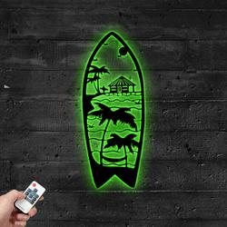 Beach Scene Surfboard Metal Sign with LED Light Summer Vibe Decor