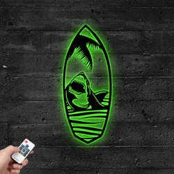 Beach Shark Surfboard Metal Sign with LED Light Beach Vibe Decor