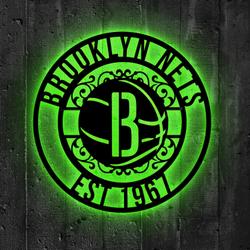 Brooklyn Nets Metal Sign LED Light NBA Monogram Wall Art Decor
