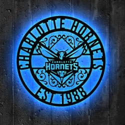 Charlotte Hornets Metal Sign LED Light NBA Monogram Wall Art Decor