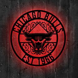 Chicago Bulls Metal Sign LED Light NBA Monogram Wall Art Decor