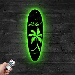 Custom Aloha Palm Tree Surfboard Metal Sign with LED Light Summer Vibe Decor