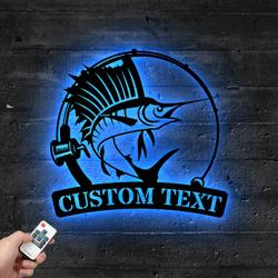 Custom American Sailfish Fishing Metal Sign with LED Light Fishman Man Cave Home Decor