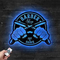 Custom Cut And Shave Metal Sign with LED Light Barber Shop Decor