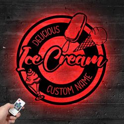 Custom Delicious Ice Cream Shop Metal Sign with LED Light Food Store Wall Decor